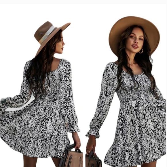 Romantic black & white animal print smocked long sleeve flowy tiered minidress - Picture 2 of 12